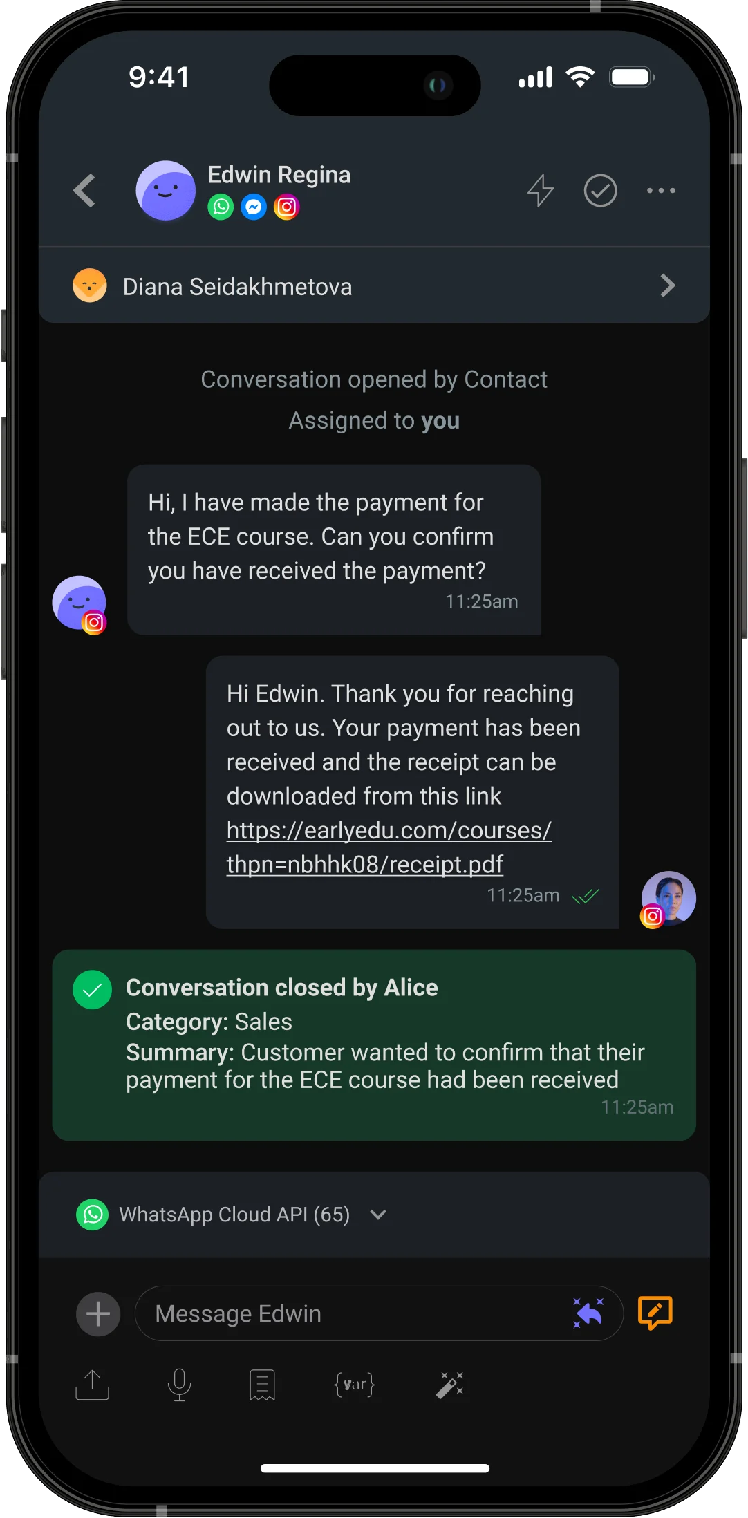 Vista móvil de respond.io, modo oscuro