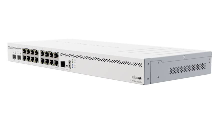 MikroTik - Cloud Core Router con 16 puertos Gigabit, 2 puertos SFP+(10G) y (RouterOS L6). 4GB RAM y 128MB de almacenamiento. Procesador ARM64 de 4 nucleos.