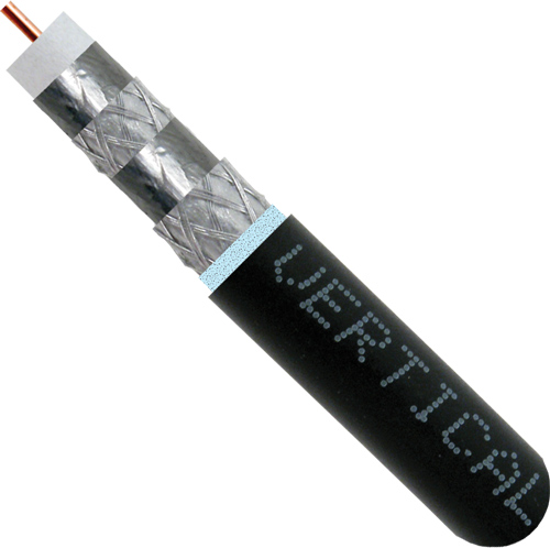 Vertical Cable - RG6 QUAD SHIELD, DIRECT BURIAL, 18 AWG CCS, 60% ALUMINUM BRAID, 3.0 GHZ,1000, WOODEN SPOOL, BLACK