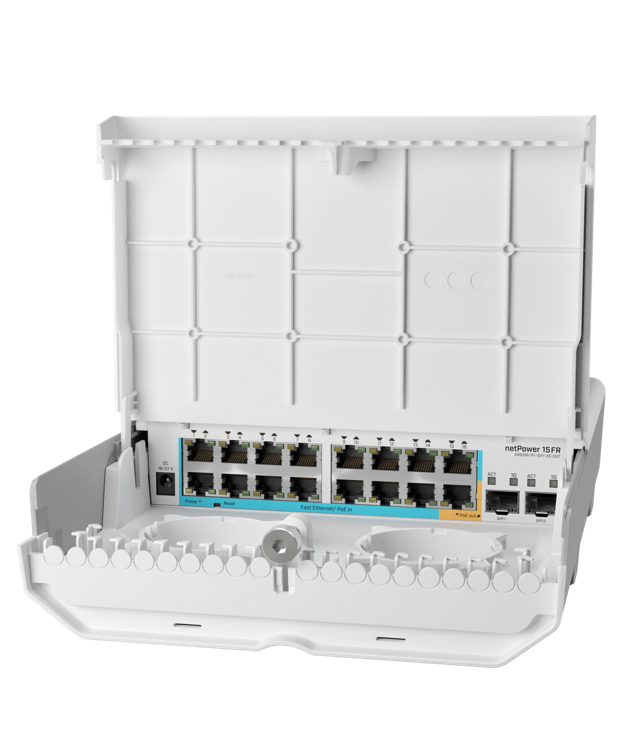 MikroTik - Switch netPower 15FR (GPEN), 15 puertos ethernet con PoE reverso, 2 puertos SFP. Para uso en exterio