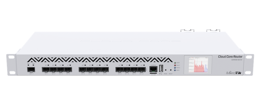 MikroTik - Cloud Core Router 16 nucleos, 1.2GHz, 2GB de RAM, 12 puertos SFP y 1 puerto SFP+, L6, 1U, pantalla LCD