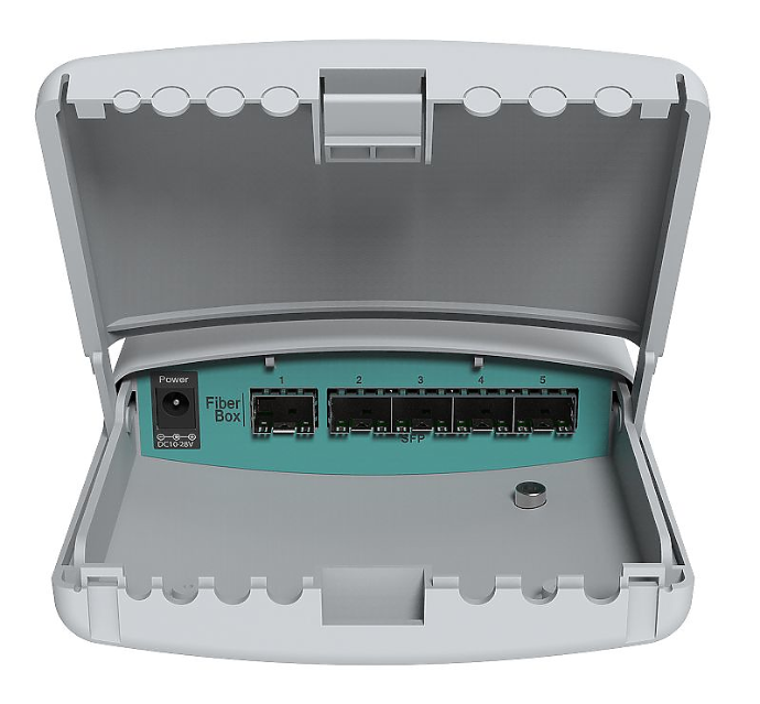 MikroTik - Fiberbox 5x 1.25G Ethernet SFP cage (Mini-GBIC); DDMI RouterOS, 128 MB