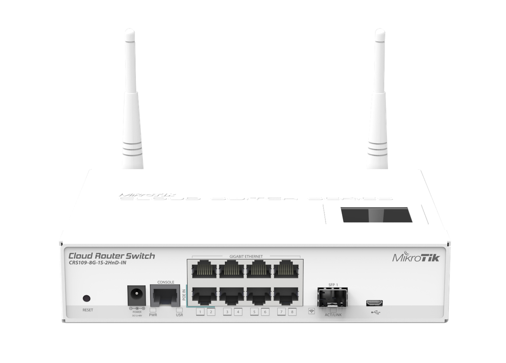 MikroTik - Cloud Router Switch 8 puertos GB, 1 SFP, WiFi 2.4Ghz. 2x2 MIMO, para escritorio.